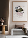 Abstract artwork by Christina Kwan in vibrant teal, deep blue, blush, and earthy neutrals, capturing dynamic movement.
