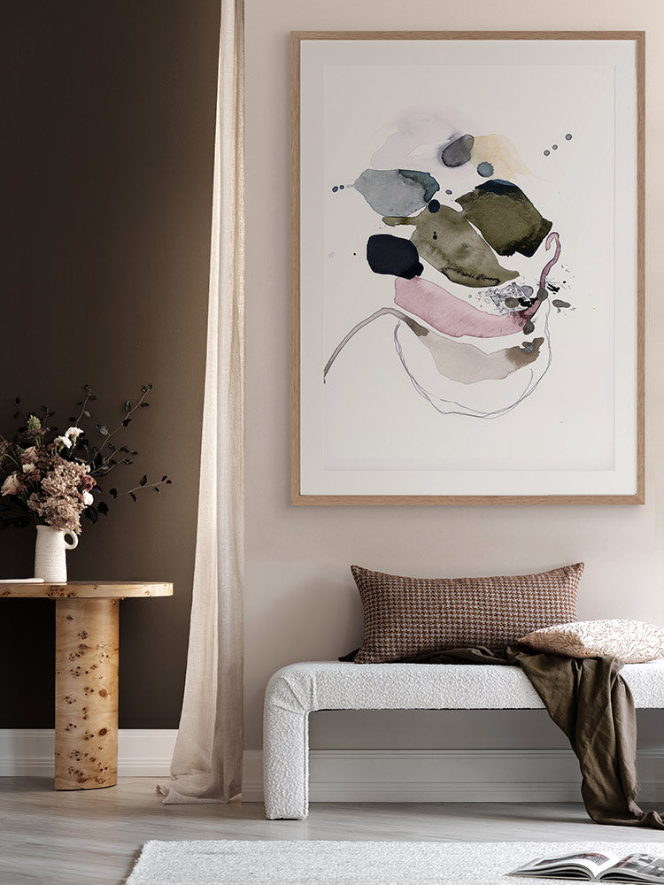 Abstract artwork by Christina Kwan in vibrant teal, deep blue, blush, and earthy neutrals, capturing dynamic movement.