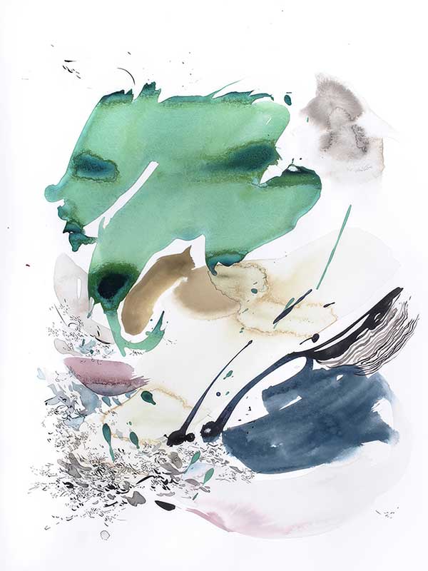 Abstract artwork by Christina Kwan in vibrant teal, deep blue, blush, and earthy neutrals, capturing dynamic movement.