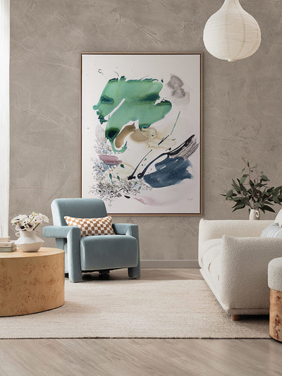 Abstract artwork by Christina Kwan showcasing expressive shapes in lush green, blue, neutral, and muted gold tones.