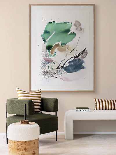 Abstract artwork by Christina Kwan showcasing expressive shapes in lush green, blue, neutral, and muted gold tones.