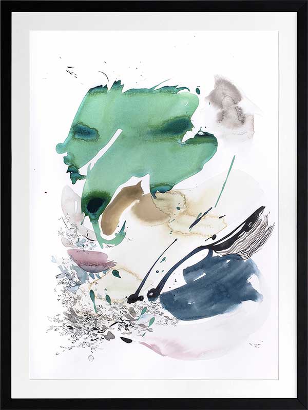 Abstract artwork by Christina Kwan in vibrant teal, deep blue, blush, and earthy neutrals, capturing dynamic movement.
