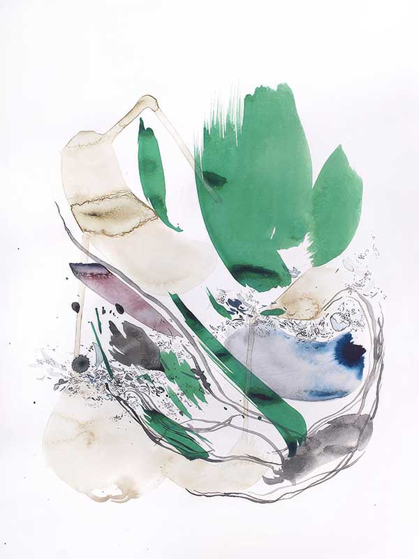 Abstract artwork by Christina Kwan showcasing expressive shapes in lush green, blue, neutral, and muted gold tones.