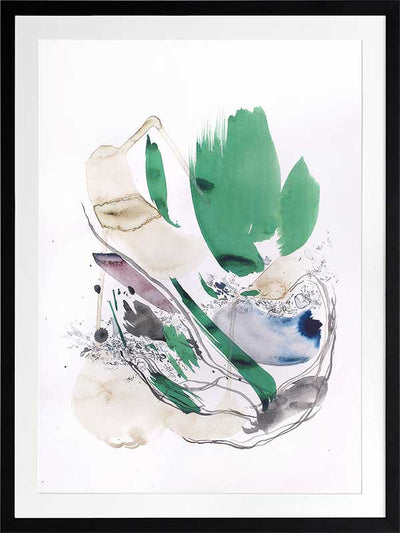Abstract artwork by Christina Kwan showcasing expressive shapes in lush green, blue, neutral, and muted gold tones.