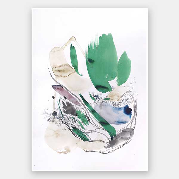 Abstract artwork by Christina Kwan showcasing expressive shapes in lush green, blue, neutral, and muted gold tones.