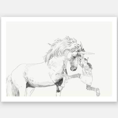 A Bigger World II Unframed Art Print by Urban Road features a fantasy portrait of a unicorn standing still as a playful child in striped socks and a dress climbs its horn. Art by Jenny Liz Rome, set against a plain light background.