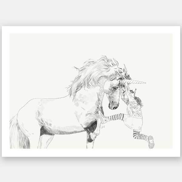 A Bigger World II Unframed Art Print by Urban Road features a fantasy portrait of a unicorn standing still as a playful child in striped socks and a dress climbs its horn. Art by Jenny Liz Rome, set against a plain light background.