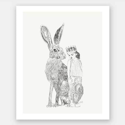 A Bigger World Unframed Art Print by Urban Road showcases a fantasy portrait of a large hare and a crowned child in stripes leaning together, illustrated by Jenny Liz Rome. Part of the exclusive artist collection.