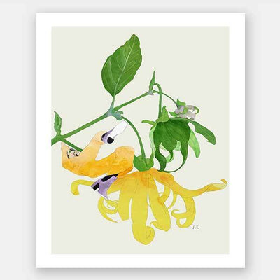 The In The Garden Galaxy I Unframed Art Print by Urban Road features a watercolor yellow flower with long, curling petals, green leaves and stem on a light background—an elegant addition from Urban Road’s collection.