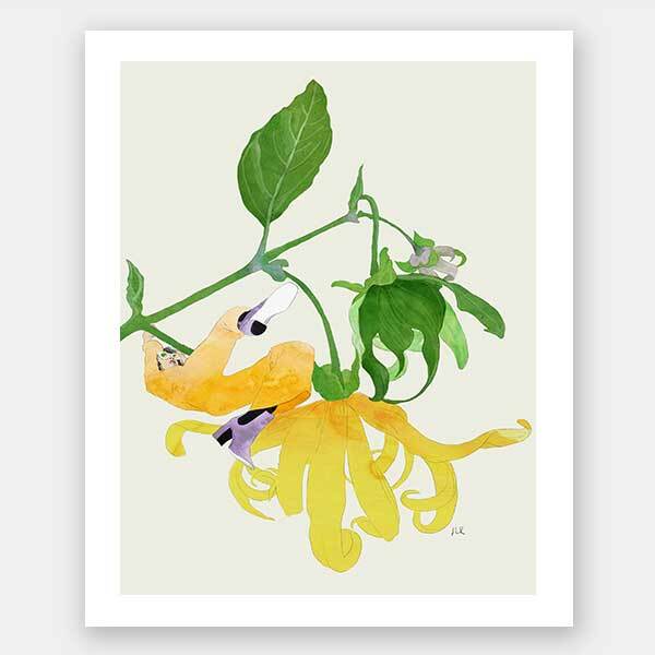The In The Garden Galaxy I Unframed Art Print by Urban Road features a watercolor yellow flower with long, curling petals, green leaves and stem on a light background—an elegant addition from Urban Road’s collection.