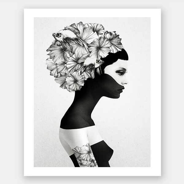 Marianna Unframed Art Print by Urban Road features a monochrome fantasy portrait of a woman in profile, her hair formed by large flowers and two fish, with her face and upper body blending light and dark tones. Part of the Jenny Liz Rome collection.