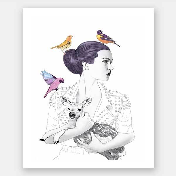 The Princess Pike Unframed Art Print by Urban Road features a stylized portrait of a woman in a studded jacket holding a fawn, with three colorful birds in her hair and flying nearby against a plain white background.