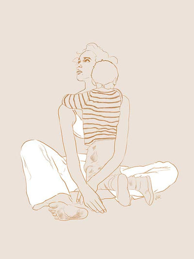 The Mother & Son Canvas Art Print by Urban Road depicts a woman sitting cross-legged as her child in a striped shirt hugs her, set against a light beige background and inspired by Jenny Liz Rome’s fantasy portraiture.