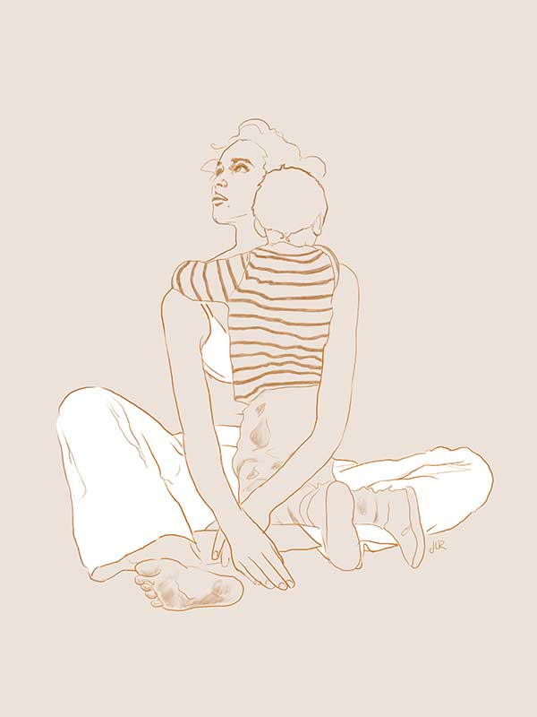 The Mother & Son Canvas Art Print by Urban Road depicts a woman sitting cross-legged as her child in a striped shirt hugs her, set against a light beige background and inspired by Jenny Liz Rome’s fantasy portraiture.