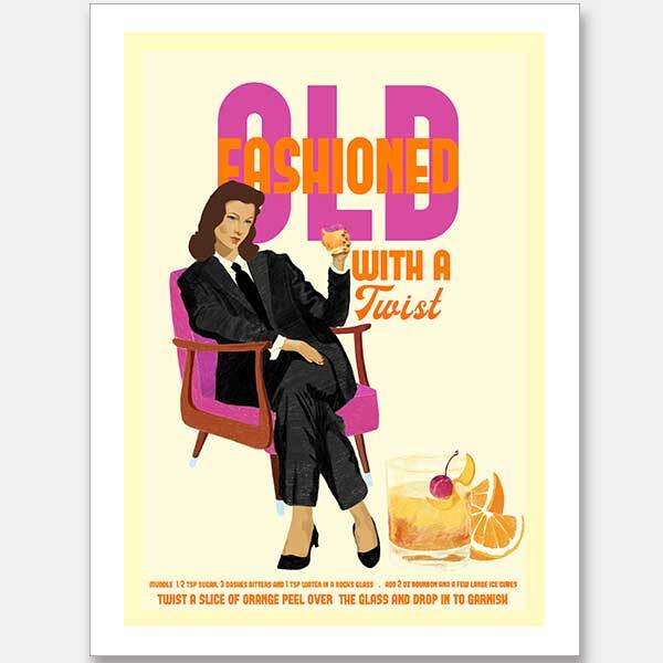 Urban Road’s "Old Fashioned Unframed Art Print" features a confident woman in a suit seated in a vibrant purple chair with a drink. Bold text reads "Old Fashioned with a Twist," with an Old Fashioned cocktail garnished with orange and cherry below.
