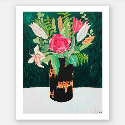 The Tiger Vase Unframed Art Print by Urban Road showcases a vibrant floral still life with bold colours, featuring lilies, a pink rose, and greenery in a black vase with orange tigers, set against a dark green background.