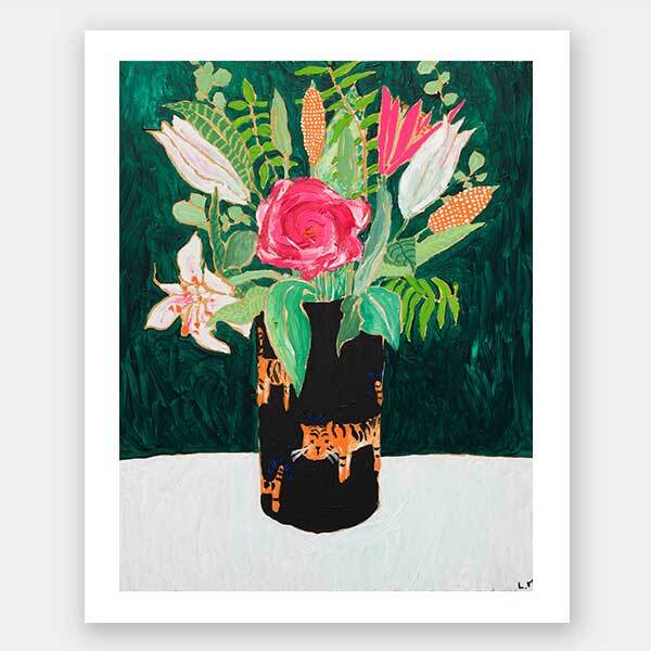 The Tiger Vase Unframed Art Print by Urban Road showcases a vibrant floral still life with bold colours, featuring lilies, a pink rose, and greenery in a black vase with orange tigers, set against a dark green background.