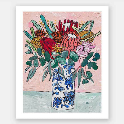 The Matisse Flowers Unframed Art Print by Urban Road features a vivid bouquet in a white vase with blue floral patterns on a pink background, perfect as a colorful still life poster for your space.
