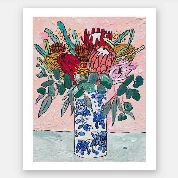 The Matisse Flowers Unframed Art Print by Urban Road features a vivid bouquet in a white vase with blue floral patterns on a pink background, perfect as a colorful still life poster for your space.