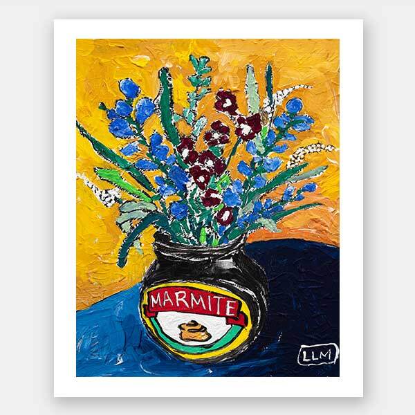 The Wildflower Marmite Unframed Art Print by Urban Road shows a Marmite jar as a vase holding blue and purple flowers on a vivid yellow background, signed "LLM" for artist Lara Meintjes in the bottom right corner.