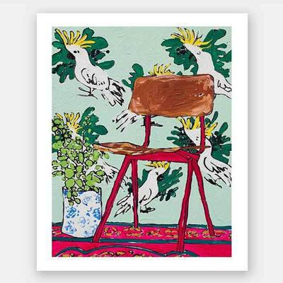 The Mint Cockatoo Unframed Art Print by Urban Road features a wooden chair on a red rug, a potted plant, and three yellow-crested cockatoos flying against a green background.