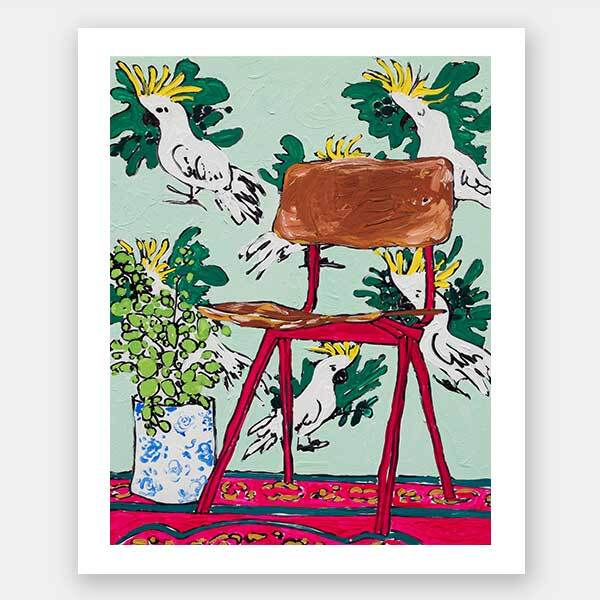 The Mint Cockatoo Unframed Art Print by Urban Road features a wooden chair on a red rug, a potted plant, and three yellow-crested cockatoos flying against a green background.