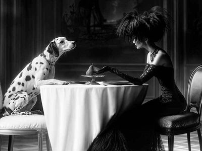 A woman in an elegant black dress sits across from a Dalmatian, capturing a dramatic date night scene. The Date Night Canvas Art Print by Shaynna Blaze x Urban Road adds refined charm—perfect for fans of her sophisticated style.