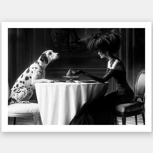 A stylish woman and a Dalmatian share dessert at a round table in the Date Night Unframed Art Print by Shaynna Blaze x Urban Road. This striking black-and-white piece is perfect as limited edition wall art.