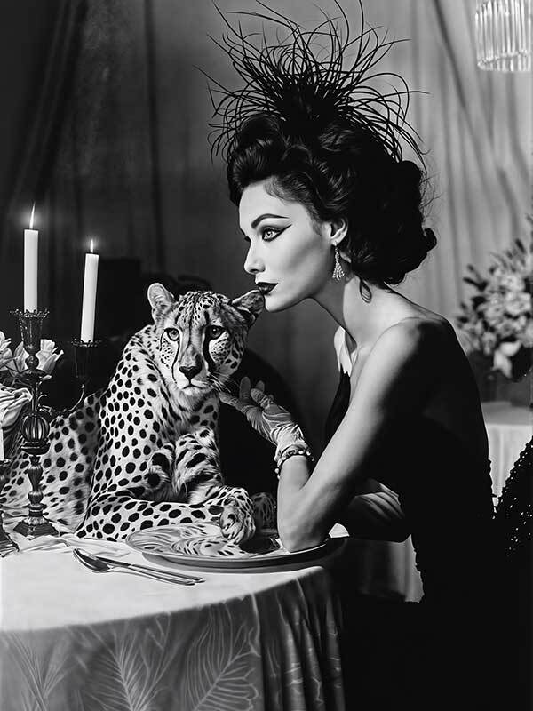 A woman in a chic black dress and feathered hat dines by candlelight with a cheetah in this glamorous, vintage-inspired scene—perfectly captured in the "Feline Couture Canvas Art Print" by Shaynna Blaze x Urban Road.