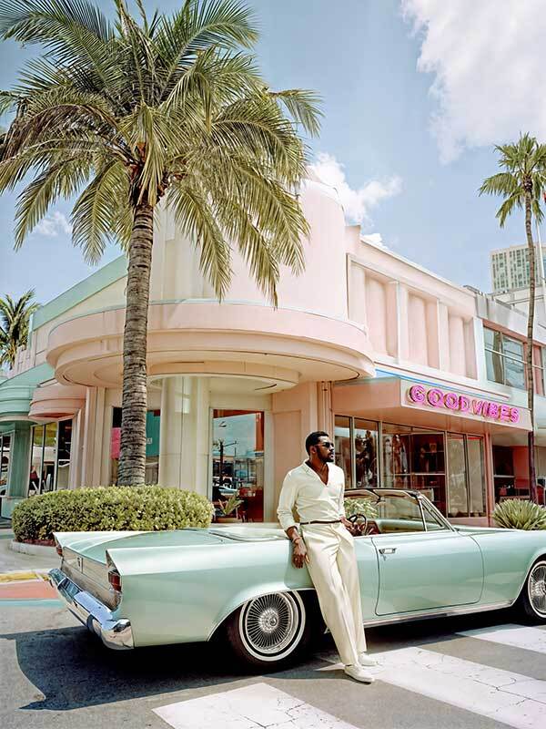 A stylish man in cream attire leans on a vintage convertible by a pastel pink Art Deco building with a "GOOD VIBES" neon sign, echoing the Havana Days Canvas Art Print from the Shaynna Blaze x Urban Road collection under palm trees and sun.