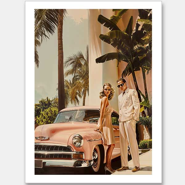 A woman in a light dress and a man in a white suit with sunglasses stand by a vintage pink car and palm trees, capturing the summery glamour of the Linen Blush Unframed Art Print by Shaynna Blaze x Urban Road.
