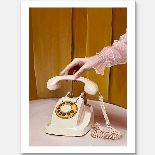 A hand in a sheer, ruffled pink sleeve lifts the receiver of a vintage cream rotary phone by a gold curtain—captured in the Out Of Office Unframed Art Print from Shaynna Blaze x Urban Road, perfect for retro-inspired spaces.