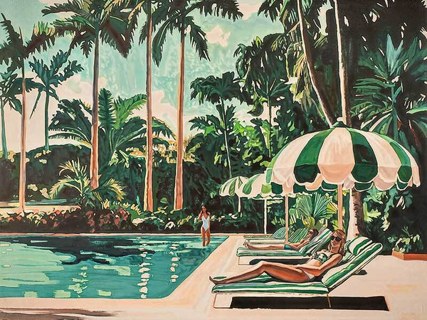 The Cocktail Flamingo Canvas Art Print by Shaynna Blaze x Urban Road features two women relaxing by a pool with tall palm trees, capturing retro sophistication in a vibrant scene.