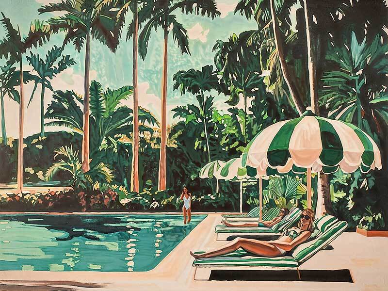 The Cocktail Flamingo Canvas Art Print by Shaynna Blaze x Urban Road features two women relaxing by a pool with tall palm trees, capturing retro sophistication in a vibrant scene.