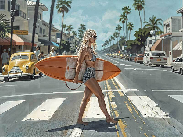 A woman in a patterned bikini carries a surfboard across a sunlit street with palms, vintage cars, and pastel buildings in the Stopping Traffic Canvas Art Print by Shaynna Blaze x Urban Road, capturing laid-back coastal living.
