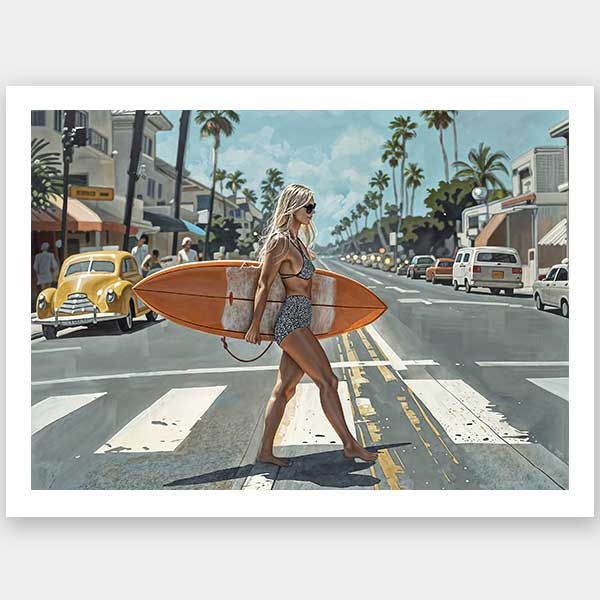 The Stopping Traffic Unframed Art Print by Shaynna Blaze x Urban Road captures California surf culture with a woman in a swimsuit carrying a surfboard across a palm-lined, vintage car-filled street on a sunny day.
