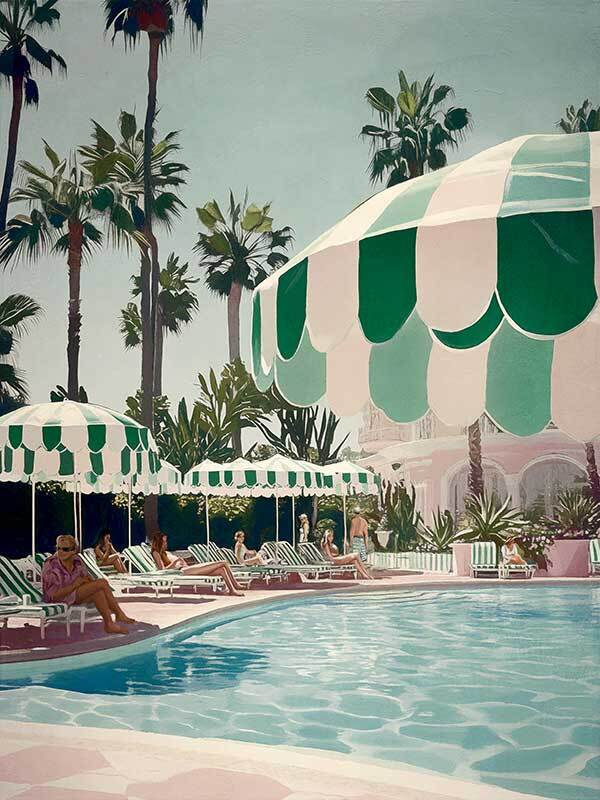 People unwind on lounge chairs by a sparkling pool under striped umbrellas, palm trees and sunlight all around—just like the "Life Choices" canvas art print from Shaynna Blaze x Urban Road.