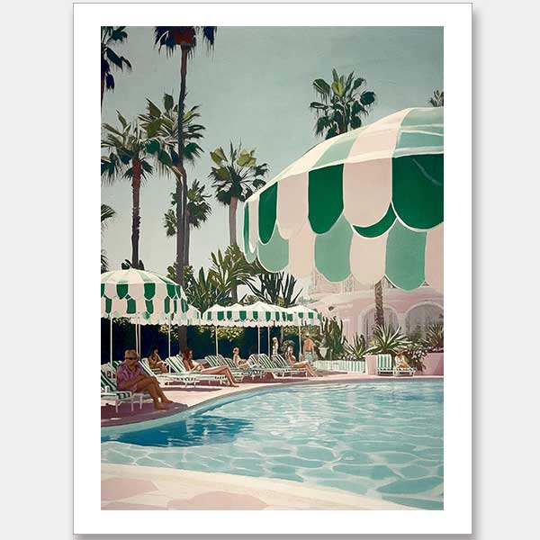 The Life Choices Unframed Art Print by Shaynna Blaze x Urban Road captures a relaxing, resort-inspired Palm Springs vibe with sunlit pools, striped umbrellas, and lush palms—perfect for adding retro style to any space.