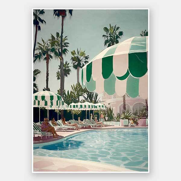 The Life Choices Unframed Art Print by Shaynna Blaze x Urban Road captures a relaxing, resort-inspired Palm Springs vibe with sunlit pools, striped umbrellas, and lush palms—perfect for adding retro style to any space.