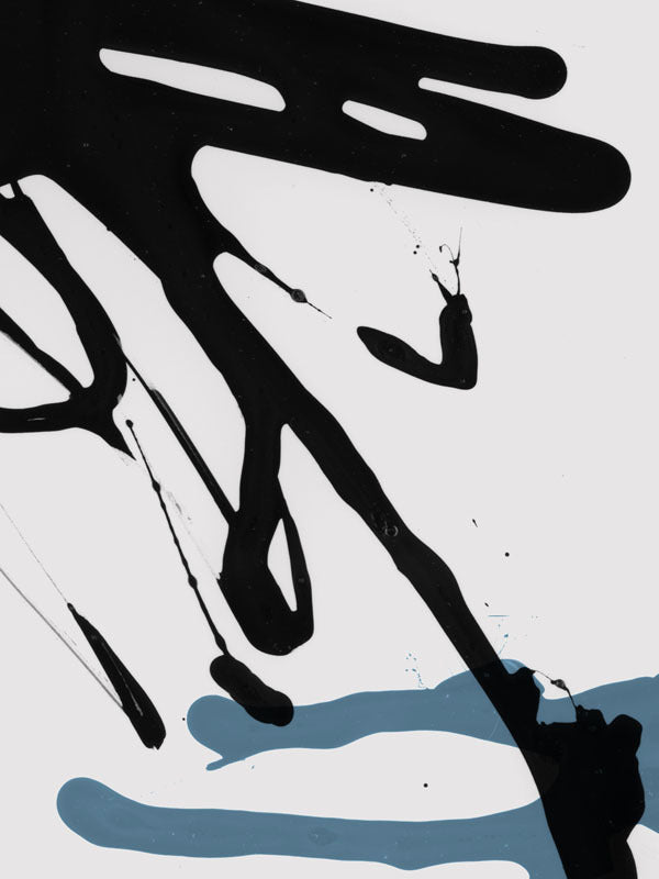 The Brisk Canvas Art Print by Urban Road features abstract black splatters and drips crossing a white background, accented by two blue wavy brushstrokes—embodying the Bohemian spirit of abstract art.