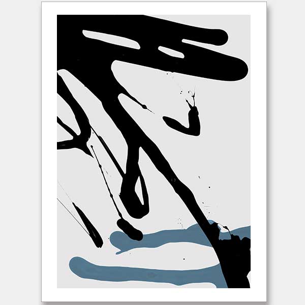 The "Brisk" unframed art print by Urban Road features bold black streaks dripping diagonally over a white background, intersected by two blue-gray strokes at the bottom—a minimalist, expressive piece.
