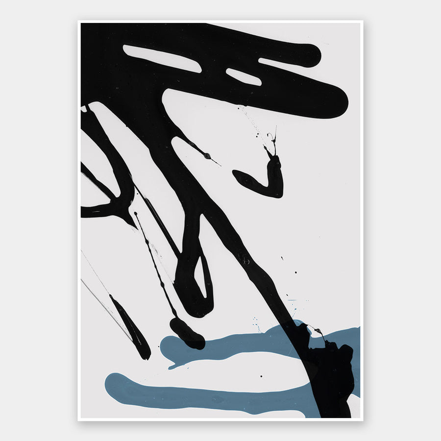 The "Brisk" unframed art print by Urban Road features bold black streaks dripping diagonally over a white background, intersected by two blue-gray strokes at the bottom—a minimalist, expressive piece.