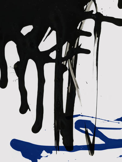 Intense Canvas Art Print by Urban Road features black paint dripping down a white backdrop, intersected by a bold blue brushstroke near the bottom, capturing abstract art and Bohemian spirit in this expressive piece.