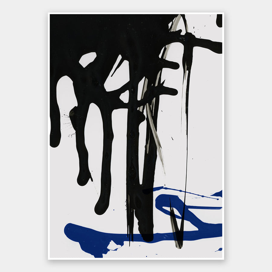 The Intense Unframed Art Print by Urban Road showcases bold black drips over a white backdrop and deep blue brushstrokes below, creating a high-contrast, fluid, and dynamic abstract piece.
