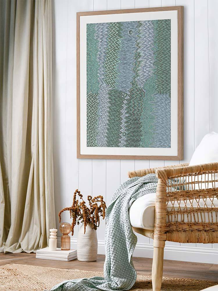 Mina Mina Jukurrpa IX Teal Framed Art Print | Lifestyle