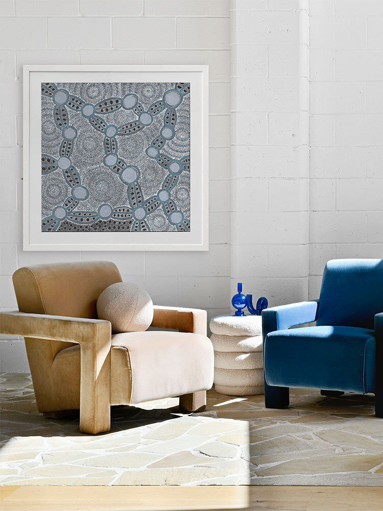 Wanakiji Jukurrpa Blue Framed Art Print | Lifestyle