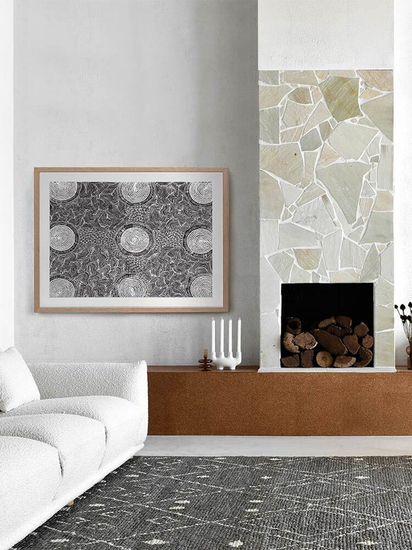Pikilyi Jukurrpa Grey Framed Art Print | Lifestyle