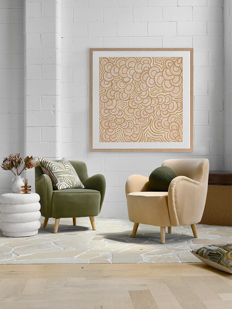 Lukarrara Jukurrpa Mustard Framed Art Print | Lifestyle