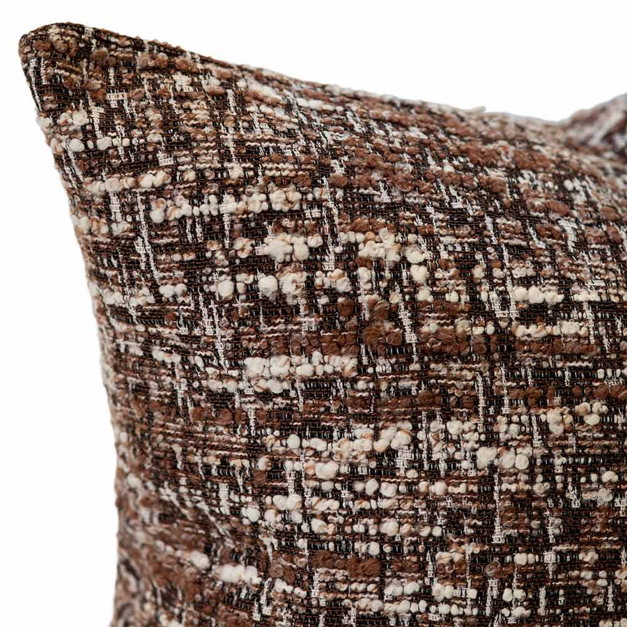 The Monarch Square Multicolour Cushion by Urban Road (50x50cm) features a luxury mottled, tweed-like pattern in brown, black, and white woven fabric. Ideal for elevating your interior style, shown against a plain white background.