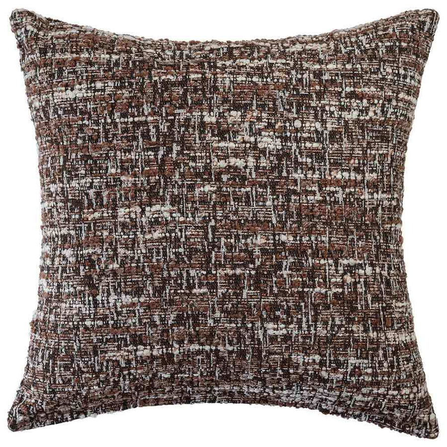 The Monarch Square Multicolour Cushion by Urban Road (50x50cm) features a luxury mottled, tweed-like pattern in brown, black, and white woven fabric. Ideal for elevating your interior style, shown against a plain white background.